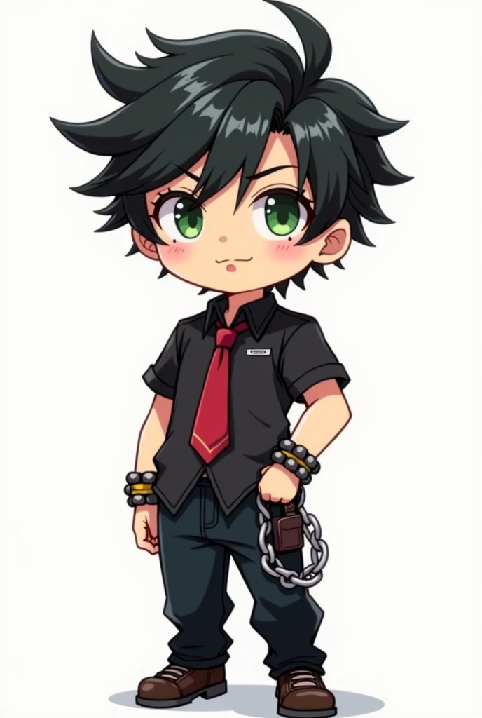 One teen boy, wind swept black hair, expressive green eyes, black short sleeve button up, red tie, black jeans with wallet chain, bracelets, anime, chibi, full body