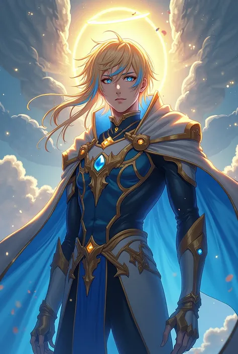 A tall male anime character with blond hair with blue highlights, blue-yellow eyes with an angelic circle on his head and a cloak. 