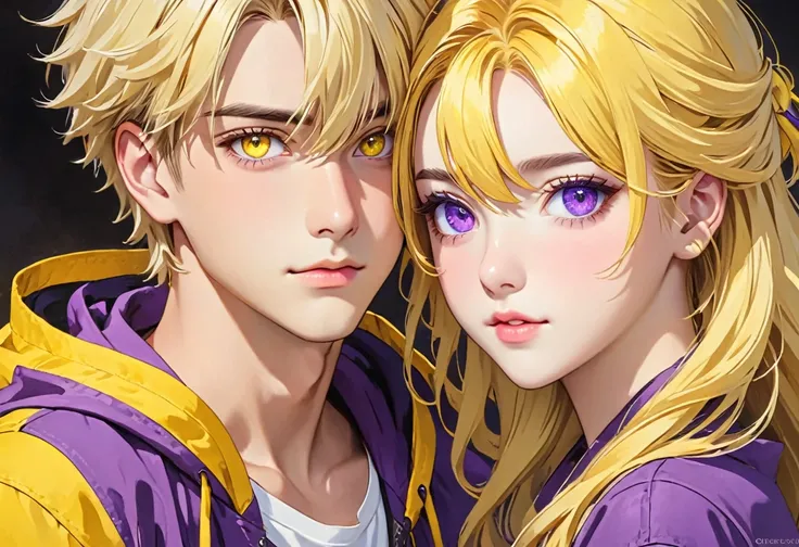 Blonde hair and purple eyes for girl and blonde hair and yellow eyes for boy