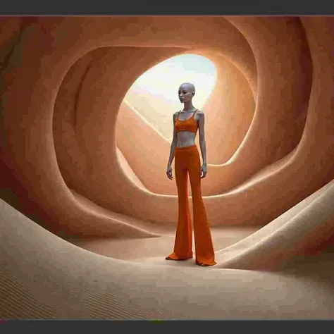 ((Futuristic fashion)) in a desert landscape, model standing confidently, sleek orange crop top and flared pants, white skin, high contrast between bright outfit and muted desert tones, (((extreme detail in fabric texture))), hyperrealistic textures, soft ...