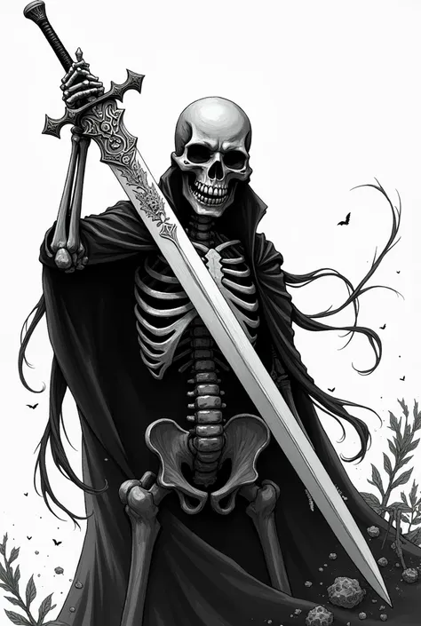 Skeleton holding an ancient sword in black and white anime style