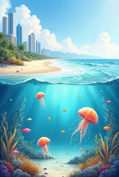 make a watercolor image of a beach with a partial view of the seabed with jellyfish in the background, fish and seaweed and the other half of the image a beach with tall buildings in the background 