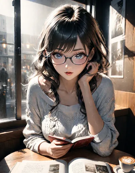 detailed textures, high quality, high resolution, high accuracy, Realism, color correction, correct lighting settings, harmonious composition. monochrome, Pencil drawing, smart beautiful woman, glasses, sits on the windowsill in a cafe and reads a book, Ca...