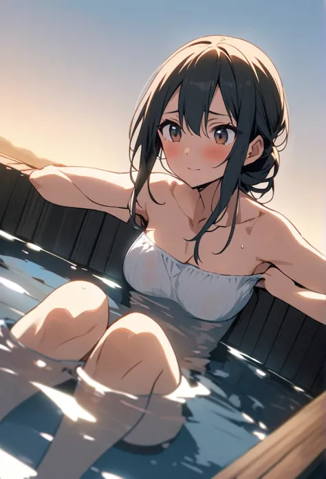 A woman soaking in an open-air bath、Simple Background, 