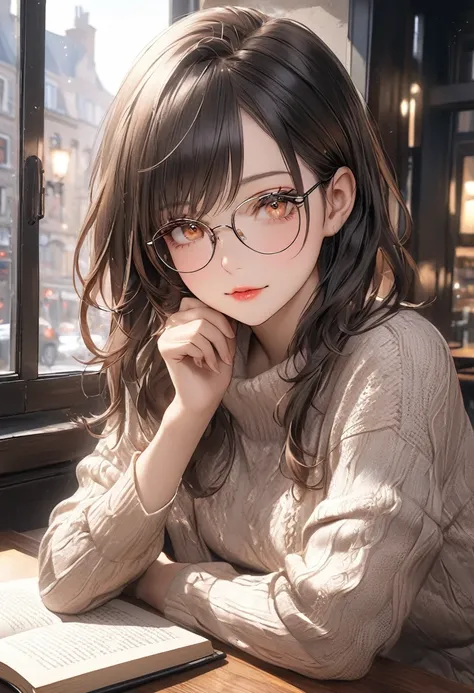 detailed textures, high quality, high resolution, high accuracy, Realism, color correction, correct lighting settings, harmonious composition. monochrome, Pencil drawing, smart beautiful woman, glasses, sits on the windowsill in a cafe and reads a book, Ca...