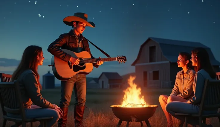 Realistic images Young cowboy with guitar at night on the farm with other women having barbecue 