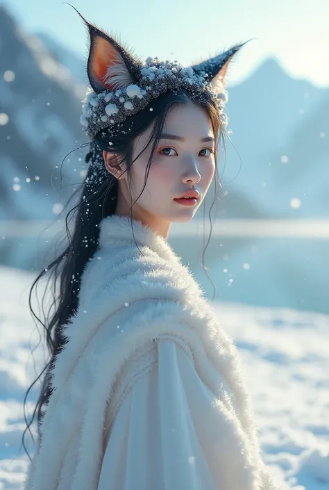 8k Beautiful Asian Cat Woman in the snow 