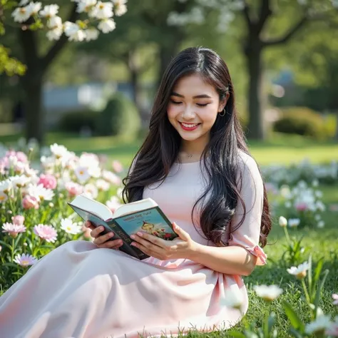 a korean woman, in a long dress down to the feet (without any sensual touch) reading the Bible with an extremely happy expression