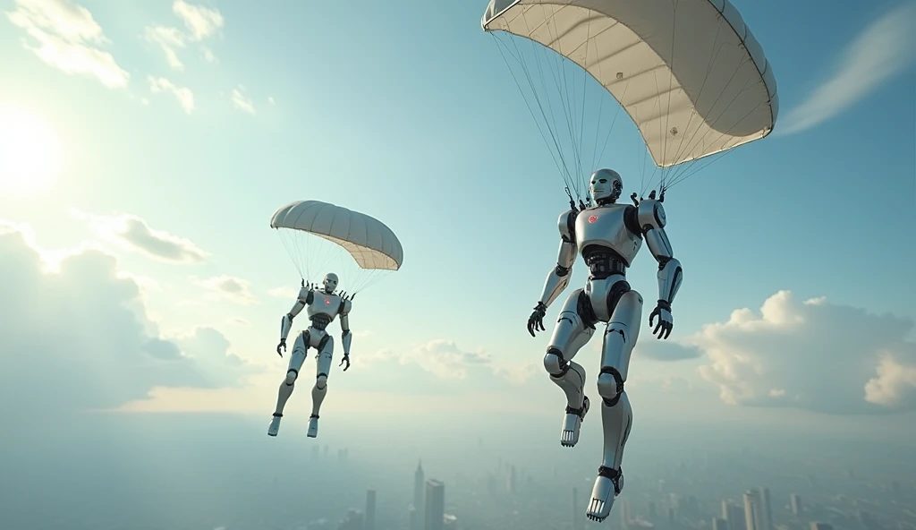 two robots parachuting