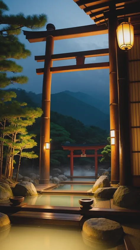 landscape, Traditional Japanese hot springs, dawn, Dim Light, detailed, Realistic, ((masterpiece)), Hot steam, torii, Wooden bucket, forest, bamboo