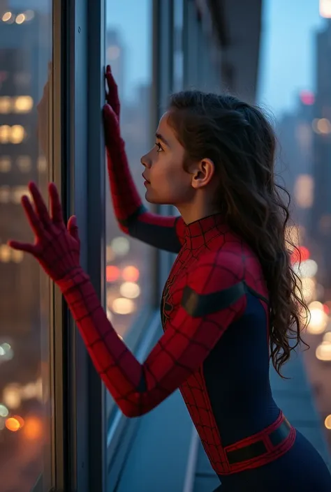 (masterpiece,8K,high resolution,high contrast),),((girl glued to a window glass, Building,on the outside,outside the window,,very dynamic pose2.5,dressed as spiderman1,beautiful suit,very detailed,Of course),(girl 12 yo,Very pretty,beautiful,loose hair,dyn...