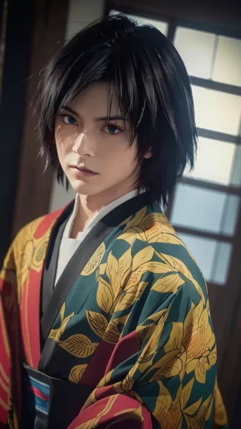 realistic giyu tomioka, a boy with realistic detailed flowy blue hair, beautiful detailed eyes, detailed facial features, a beau...