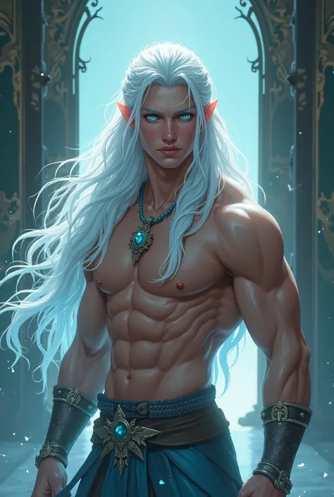 young man, 2. Fairy Warrior, athletic doors, high, strong, hair as white as moonlight, seductive smile, vibrant, lively eyes in ice blue, long hair, wavy, sometimes part braided. 
