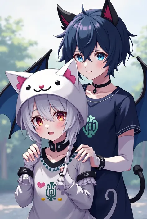  In the background is a young boy who has white skin and has a white cat hat and has a black dog collar and has white clothes with white accessories and has black and white arm warmers in front of the boy is another young boy who has dark blue hair and has...