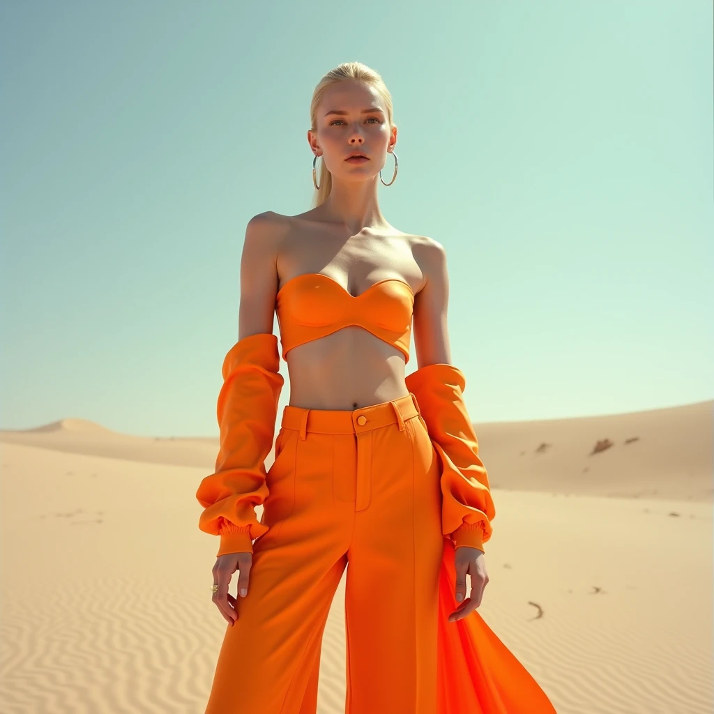 ((Futuristic fashion)) in a desert landscape, model standing confidently, sleek orange crop top and flared pants, white skin, high contrast between bright outfit and muted desert tones, (((extreme detail in fabric texture))), hyperrealistic textures, soft ...