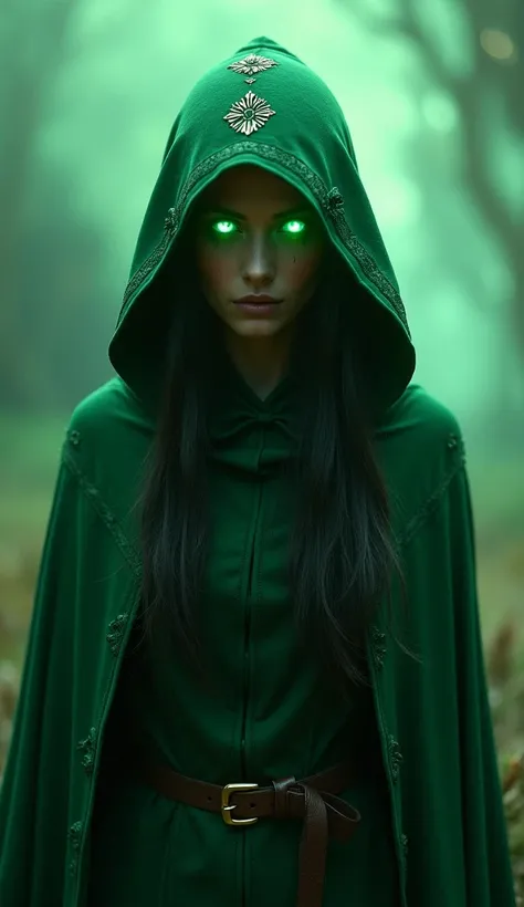 Human woman wearing a green hood, Has a mysterious and dark face, Eyes glowing green, A landscape with a bright background  