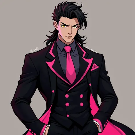 A big and strong 20 year old boy, dark haircut Mullet , ((yellow eyes)), ele is wearing a black suit with pink details, inspired by Mirabello Cavalori, designer suit, 