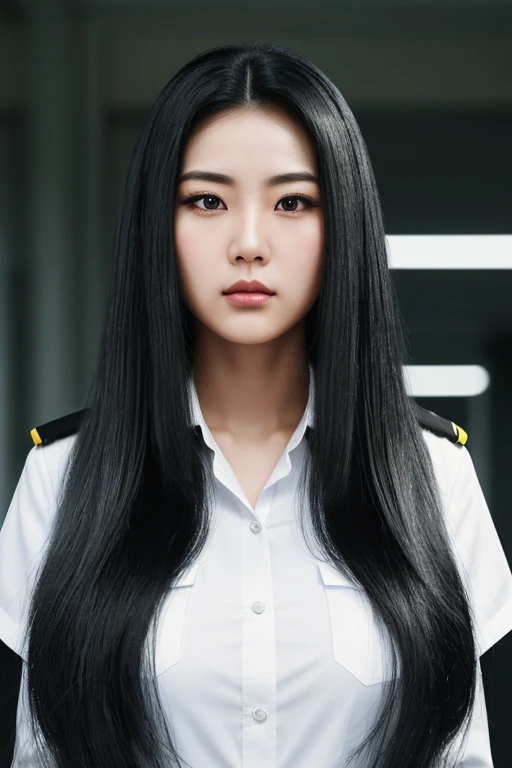 1 Chinese lady, (Realist:1), jet black hair,very long hair,very frizzy hair,shiny jet black hair,thick hair,fluffy hair,very stiff hair,most very voluminous hair,most very heavy weight hairstyle,female jail officer,black uniform,black pants,most very mocki...