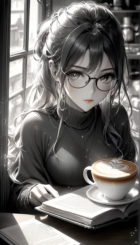 monochrome, pencil drawing, intelligent beautiful woman, glasses, sitting at a window seat in a cafe and reading a book, cappucc...