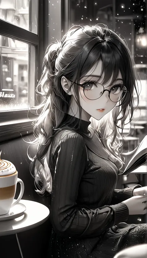 monochrome, pencil drawing, intelligent beautiful woman, glasses, sitting at a window seat in a cafe and reading a book, cappucc...