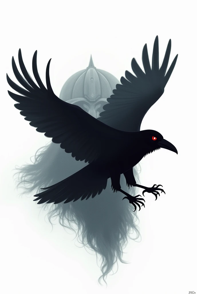 Crow flying and spreading its wings, with a red eye, Behind the raven is the dark shadow of a Viking&#39;s face. (helmet and beard), According to the reference image, leave the shadow of the Viking and the raven to make it more realistic but with a touch o...