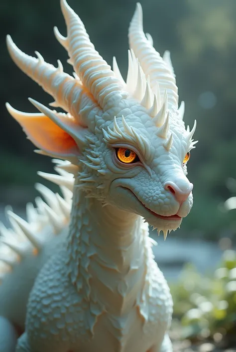 I want a beloved albino human dragon with luminescent orange eyes, with 2 horns that degrade with black