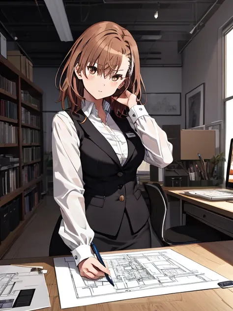 Architectural Design Office, Designer, Blueprint, Drawing table, (Misaka Mikoto), Cowboy Shot,Office Lady, Architectural Design, one girl, UHD, retina, masterpiece, accurate, anatomically correct, textured skin, super detail, high details, high quality, be...