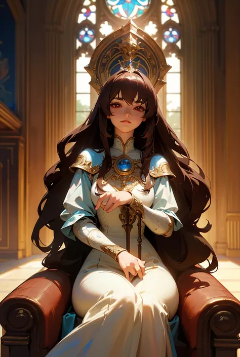 a beautiful female royal knight with long brown hair and piercing red eyes, wearing blue armor and a flowing white dress, sitting on an ornate throne in a grand church interior, holding a single red rose in her hand, (best quality,4k,8k,highres,masterpiece...