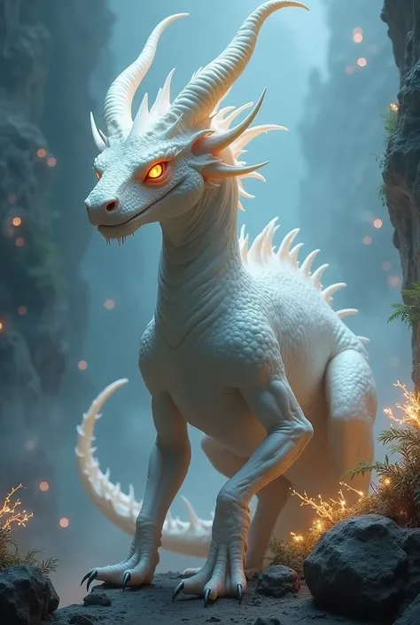 I want an albino humanoid dragon with luminescent orange eyes, with 2 horns that degrade with black