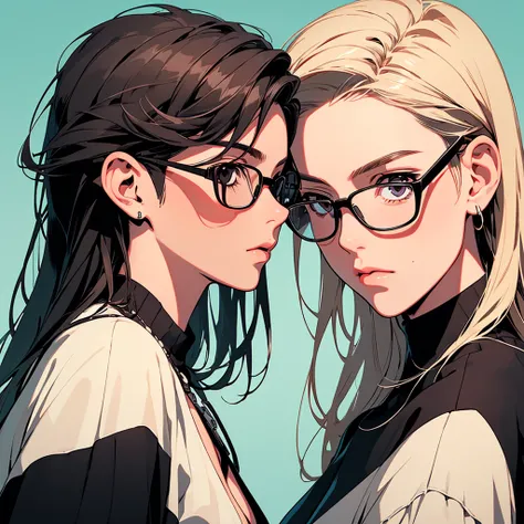 2d illustration, anime, women with big bare breasts and black glasses