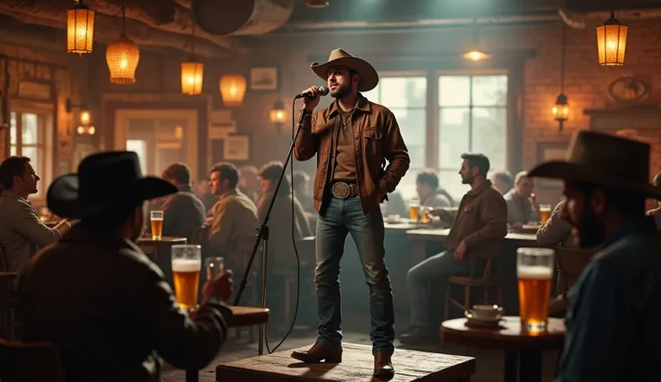 Realistic image of a young cowboy man singing in a bar with several people drinking beers