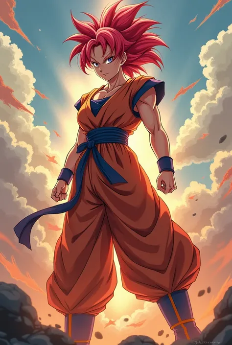 Create a female version of Goku, red-haired, ultra-instinct, with black eyes and chubbier
