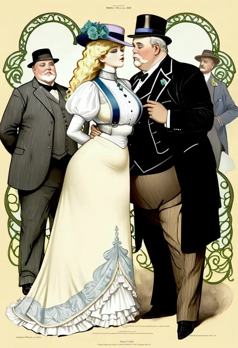 portrait of (((a small gorgeous well-endowed 14yo blonde bimbo groped by her large elderly overweight 69yo suitor))) in the parlor, art nouveau drawing. Year 1901. 1900_dr3ss. Girl wearing a fashionable Edwardian outfit and hat, hourglass figure. Man weari...