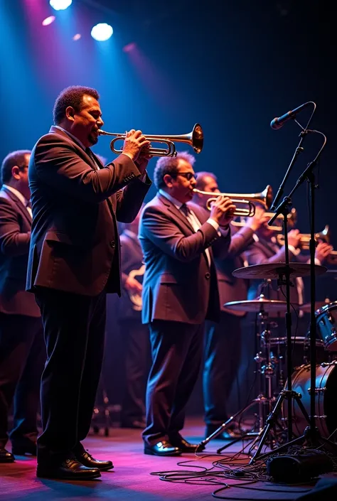 Music band with 3 trumpets, three trombones, three saxophones, an electric bass, an electric piano, a drum kit and an electric guitar. 