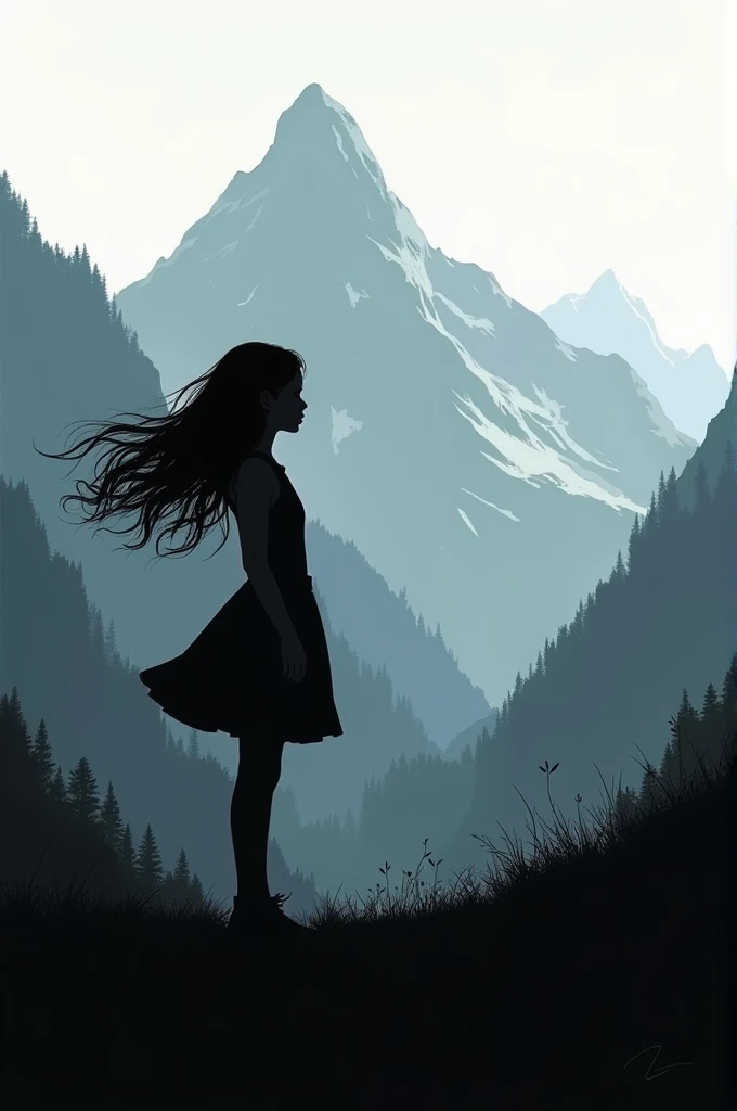 Generates the image of a girl looking towards the mountains with the wind moving her hair in black silhouette