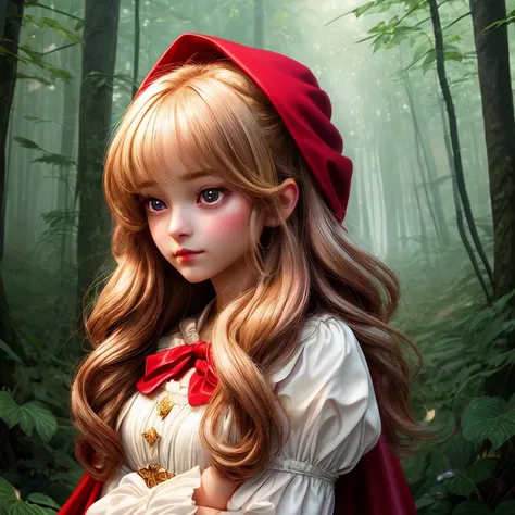 Princess in Little Red Riding Hood Tale to capture a moment of deep contemplation. Her expression should be a mix of curiosity and a touch of discomfort, as if she is deeply questioning reality and her place in it. His big eyes were supposed to be wide ope...