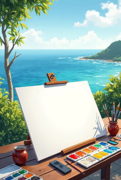 photo of a watercolor painting table with a large blank sheet of paper in the center of the table, scenario on the coast of sao paulo