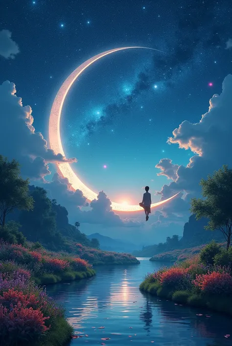 Absolute and fantastic realism of a night full of stars, river with flowers around and Nature , stunning image , highlighted sky with a person sitting on the moon