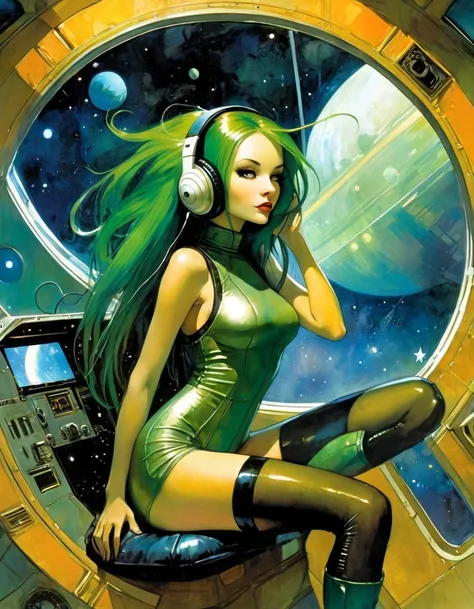 very sexy girl, long green hair, sexy and adorable, tight and sexy futuristic dress, headphones, stockings, sitting in the cockpit of a spaceship piloting concentrated, window to space, stars, cosmo, magic, fantasy, art inspired by Bill Sienkiewicz and Dav...