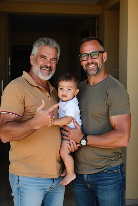 luiz inacio lula da silva and his boyfriend vitor (man of average height, mustache and beard, wears glasses and is muscular) holding their adopted son and making an L sign with their hands 