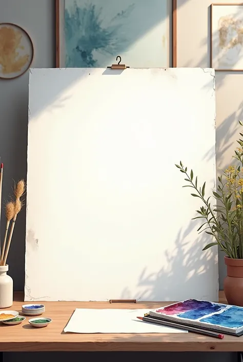 photo of a watercolor painting table with a large blank sheet of paper in the center of the table, the blank sheet in the center of the table highlighted 