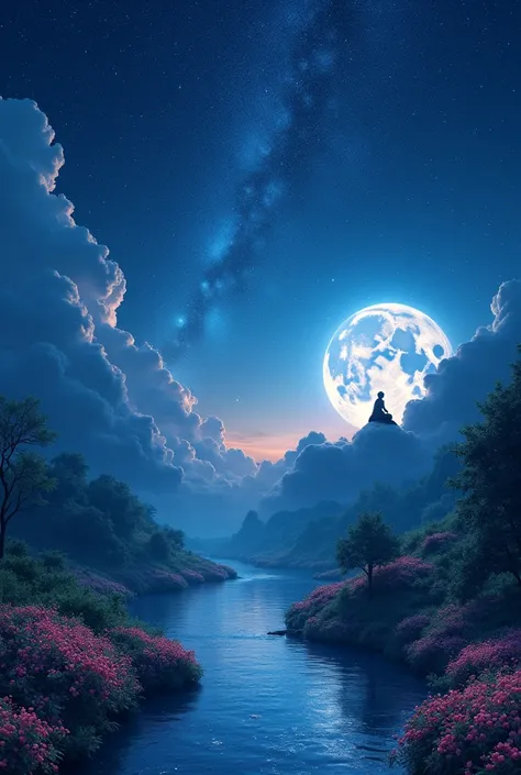 Absolute and fantastic realism of a night full of stars, river with flowers around and Nature , stunning image , highlighted sky with a person sitting on the moon, 8k