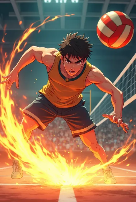 A volley male player with a 14 years,slaping with strengh a fire volley ball

Anime style