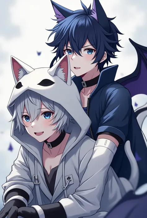  In the background is a young boy who has white skin and has a white cat hat and has a black dog collar and has white clothes with white accessories and has black and white arm warmers in front of the boy is another young boy who has dark blue hair and has...