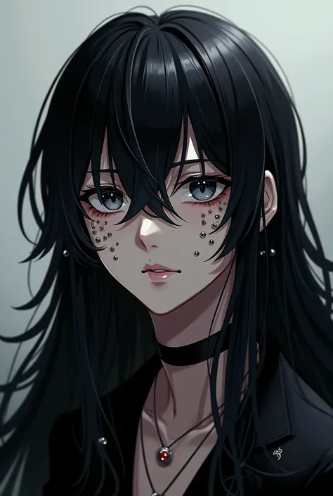 anime man with long black hair with curtain bangs and many piercings