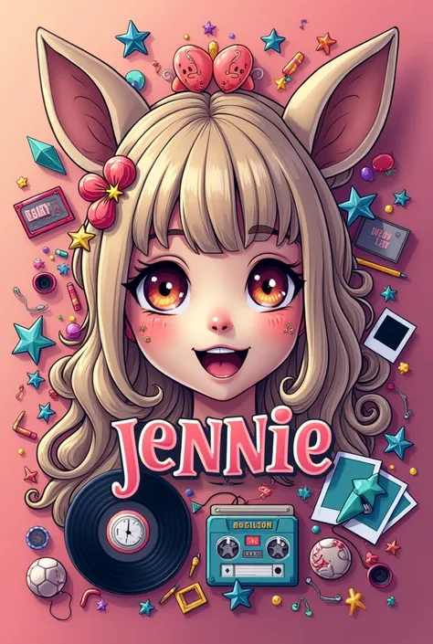    Uma imagem para a capa do fandom da Jennie ,com decoracao de musica ,fita casete, capivara e sorvete , disco de vinil, polaroids ,com o nome Fandom da Jennie no centro 