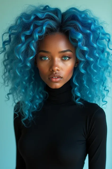 A brown girl with long poofy curly coral blue hair and alien like coral blue eyes with coral blue retinas and sclera’s with dark coral blue lips wearing a black body suit