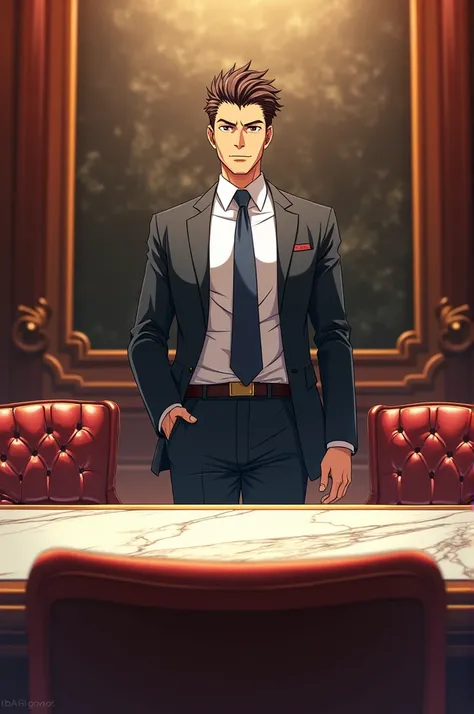 (Local: Luxury Meeting Room, Marmore table, four leather chairs.)
CEO A enters the room, with rigid expression, as COO A adjusts his roles, attentive to details. anime style