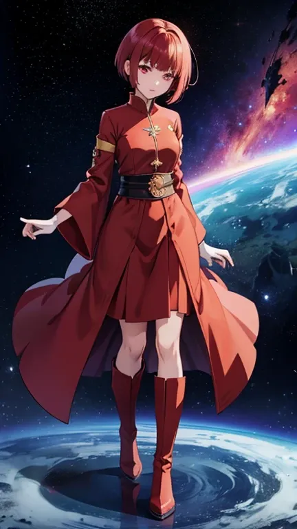 Anime Drawings、Full body portrait、Fantasy world characters、Standing around 150cm tall、A female wizard weighing about、Wearing a red robe and long skirt、Red eyes、Red pixie cut hair、gloves、boots、background:universe space