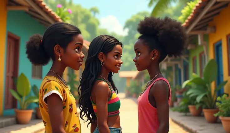 Three black girls in jamaica talking two talking behind one back